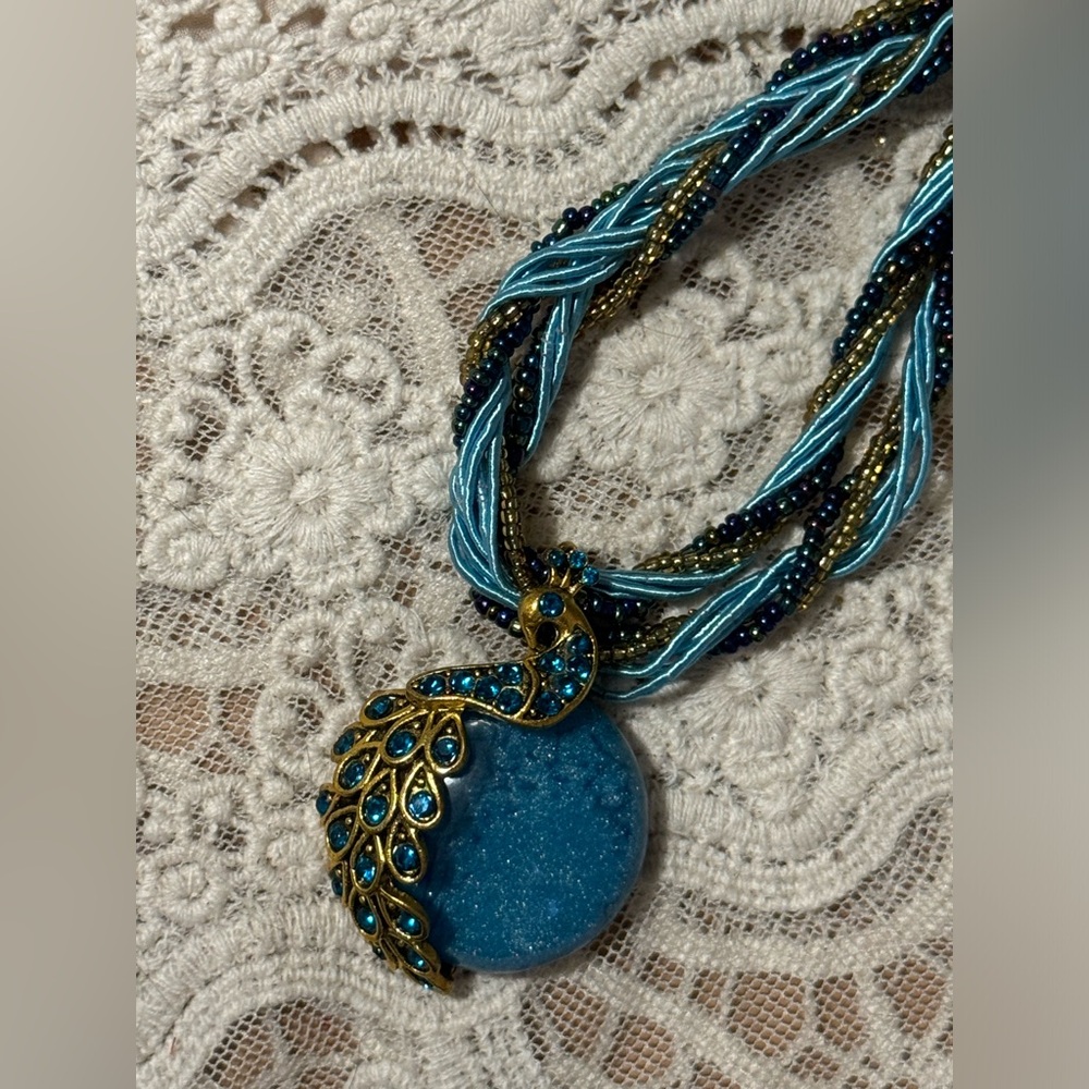 Boho Beaded Choker Necklace with Peacock Pendant